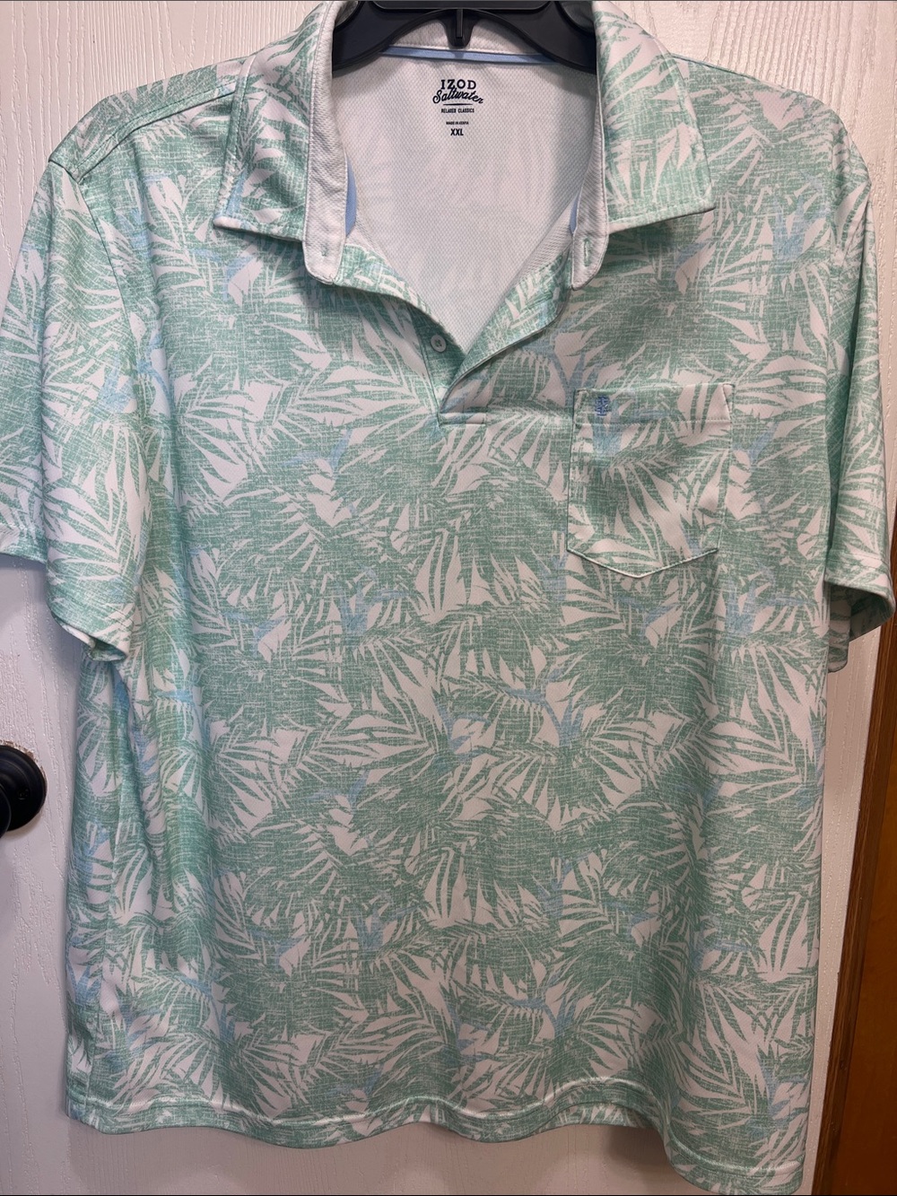 Izod Mint Green and White Palm-Print Short Sleeve Polo
